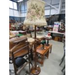 Turned elm floor lamp with floral fabric shade