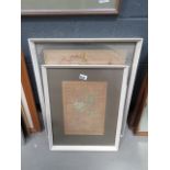 Two framed and glazed maps plus a modern wall hanging with pots and pebbles