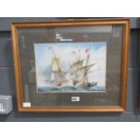 (2) Watercolour of a sea battle by Michael J Barton