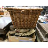 A wicker picnic basket, plus a quantity of fisherman's and other bags