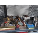 A cage containing hip flasks, plus ornaments, trinkets, paper knife and fishing scales