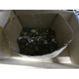 A box containing marbles, plus 2 boxes containing metal trays and ornamental barrels and a water jug