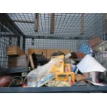 A cage containing dog collars, wall plaques, boxes, ornaments, pens and treen