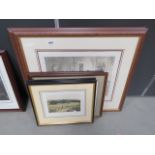 Two golfing engravings, two hunting prints and a print of the card players