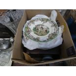 A box containing Spode Byron pattern crockery, plus a sewing box