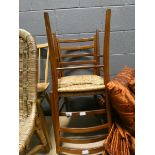 Pair of strung seated chairs, an elm seated stick back chair and a wicker chair (4)