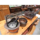 Fire grate plus fire curb, coal scuttle and copper cooking pots