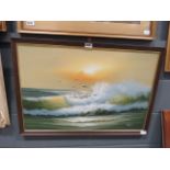 (18) Modern oil on canvas of crashing waves, signed by Taylor