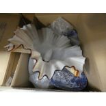 4 boxes with onyx dishes, Royal Worcester and other crockery, plus a glass ceiling light and