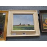 Oil on board of country scene with field and farm buildings