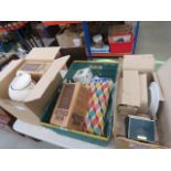 5 boxes containing Doulton crockery, Royal Worcester egg coddlers, brass candlesticks, ornamental