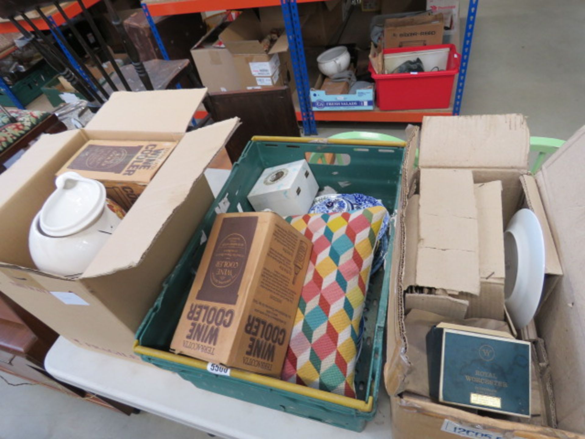 5 boxes containing Doulton crockery, Royal Worcester egg coddlers, brass candlesticks, ornamental