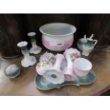 A quantity of late Victorian china, to include: candlesticks, chamberpot, ring tree and a dressing