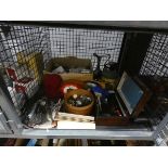 Cage of ornamental figures, coinage, loose cutlery, rulers, rosettes and a hip flask