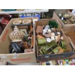 Two boxes of treen, headphones, Agincourt patterned crockery, storage boxes, glassware and carved