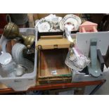 3 boxes containing paint boxes, brass oil lamp (AF), cake stand, general crockery and treen