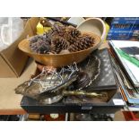 2 boxes containing a large quantity of treen, plus baking dishes, drum and pine cones