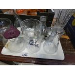 5545 - A plastic tray with stainless steel teapots, vase and jugs