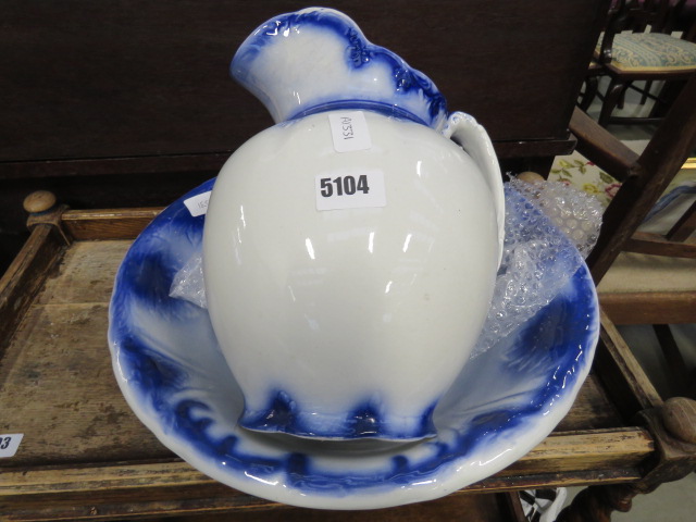 Blue and white glazed washstand, jug and bowl