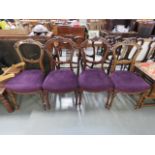 4 Carved Edwardian dining chairs with purple fabric seats