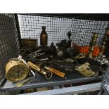 Cage of horses brasses, a clock, punchers and general metalware