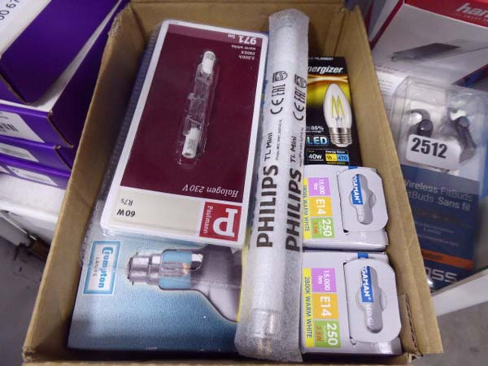Box containing various Philips and other energy efficient bulbs