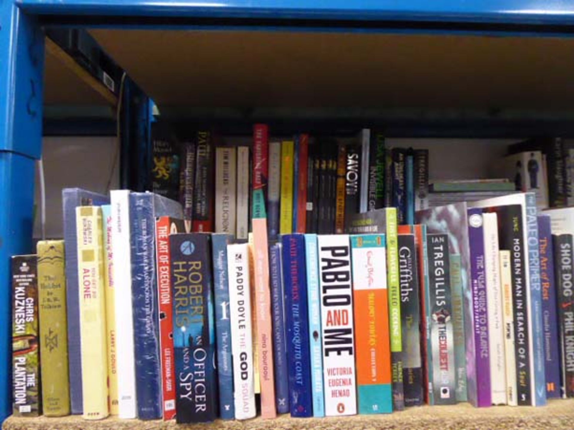 Shelf of selection of hardback and paperback novels, autobiographies etc