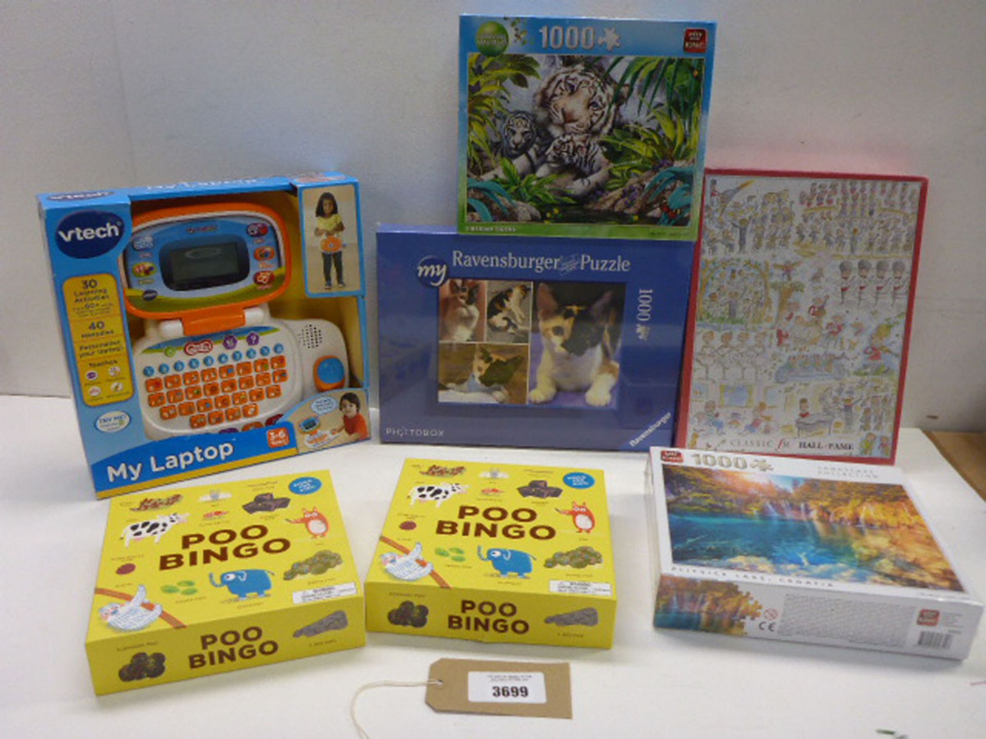 Vtech My Laptop, 2 x Poo Bingo and 4 various sized and design sealed jigsaws