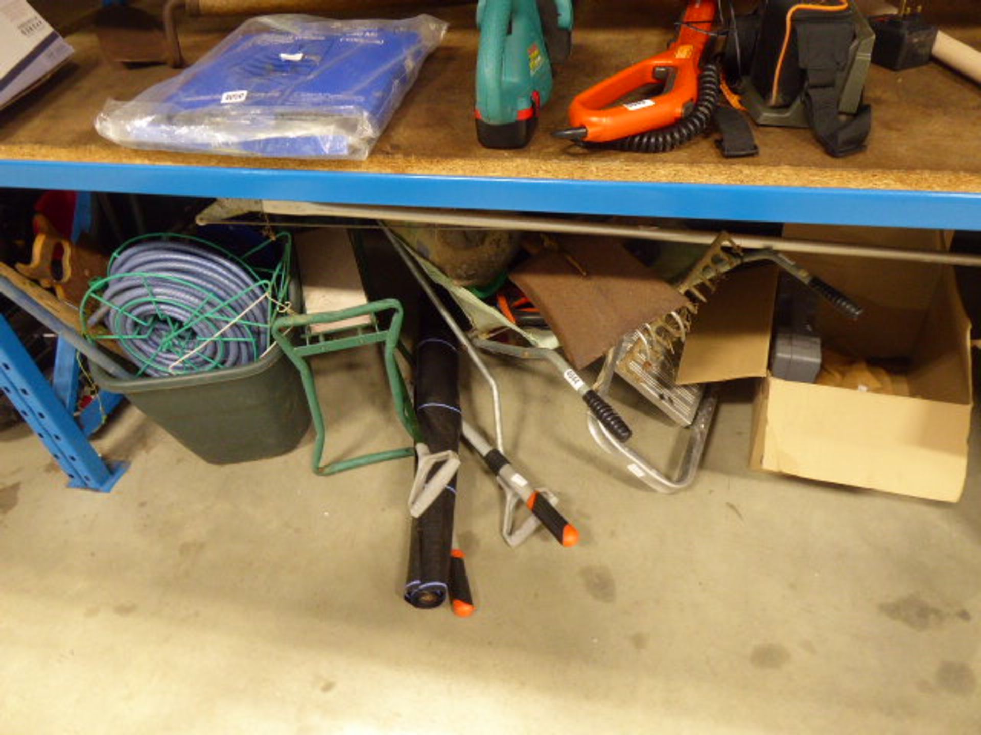 1/2 under bay of assorted garden tools inc. spades, hoes, wheelbarrows, hosepipe, loppers, ladder,