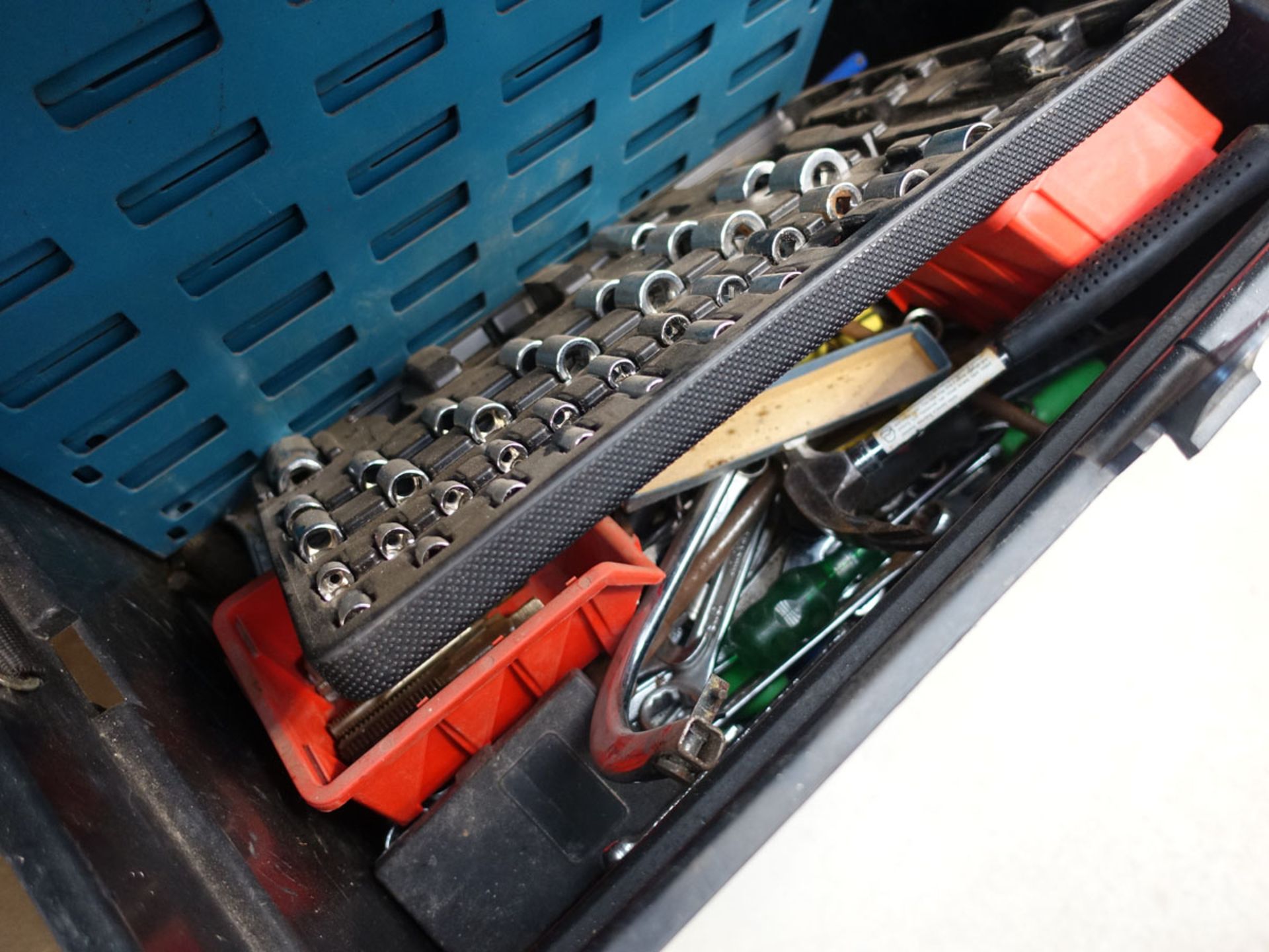 Fishing box containing sockets, tools, lin bin racking etc