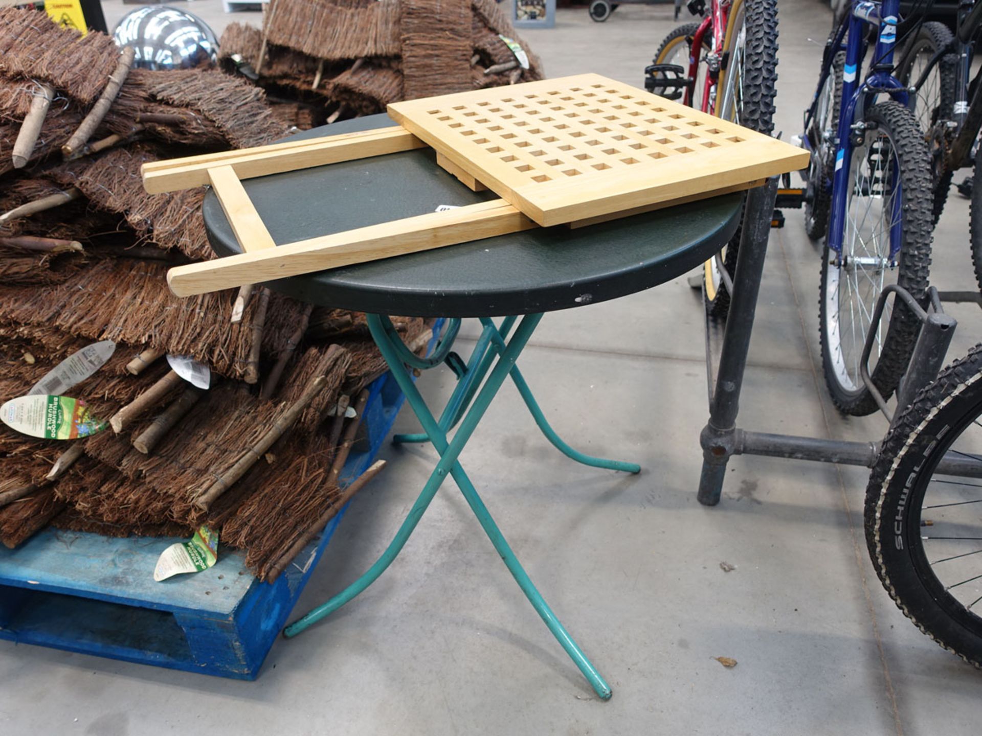 Small round metal table and small folding side table