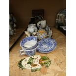 Quantity of blue and white china, a Nautilus shell shaped bowl, a miniature wardrobe and general