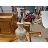 Oriental style table lamp plus a wicker two tier plant stand