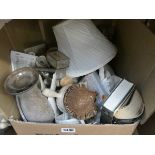 Box containing ornaments, table lamps, crockery and books