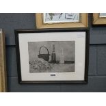 Artist proof print still life with glass bottles and a pot