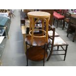 Circular 2 tier side table plus a bent wood and wicker stool