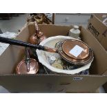 Box containing copper cooking pots, a teapot, warming pan plus a wash stand bowl, general china