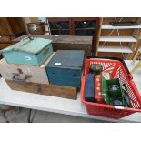 Metal storage boxes, 2 wooden toolboxes and a quantity of vintage tins