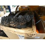 Box containing pine cones, wicker basket, desk tidy and a quantity of glasses