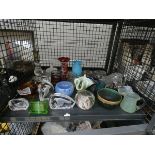 (4) Cage containing paper weights, ink wells, coloured glass