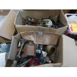 2 boxes containing a fire companion set, table lamps, glassware, a coffee grinder, pewter and silver