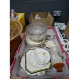 3 boxes containing a foot warmer plus floral patterned crockery and glassware