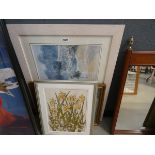 Quantity of pictures to include a Battik of daffodils, French townscape, watercolour of a marina,