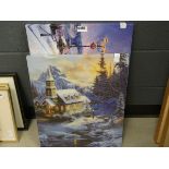 2 modern wall hangings with winter scenes
