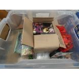 Box containing Pokemon and other collector's cards, childrens' toys and household goods