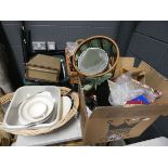 2 Wicker baskets plus 3 boxes containing a suitcase, general crockery, china, glassware,