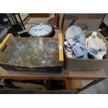 2 boxes containing kitchen scales, glassware and general china