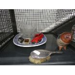 Cage containing an ornamental owl, a blue and white meat platter, silver mounted brush, bangle,