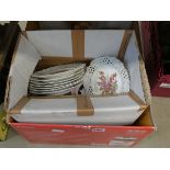 2 boxes containing floral patterned and Hornsey crockery