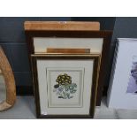 Quantity of prints and paintings to include 'Still life with flowers', an abstract in brown,